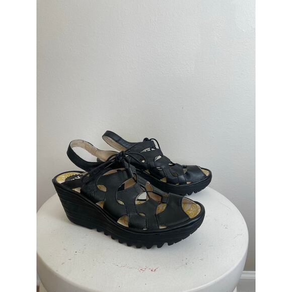 Fly London Shoes - Fly London Black Leather Crisscross Wedge Sandals